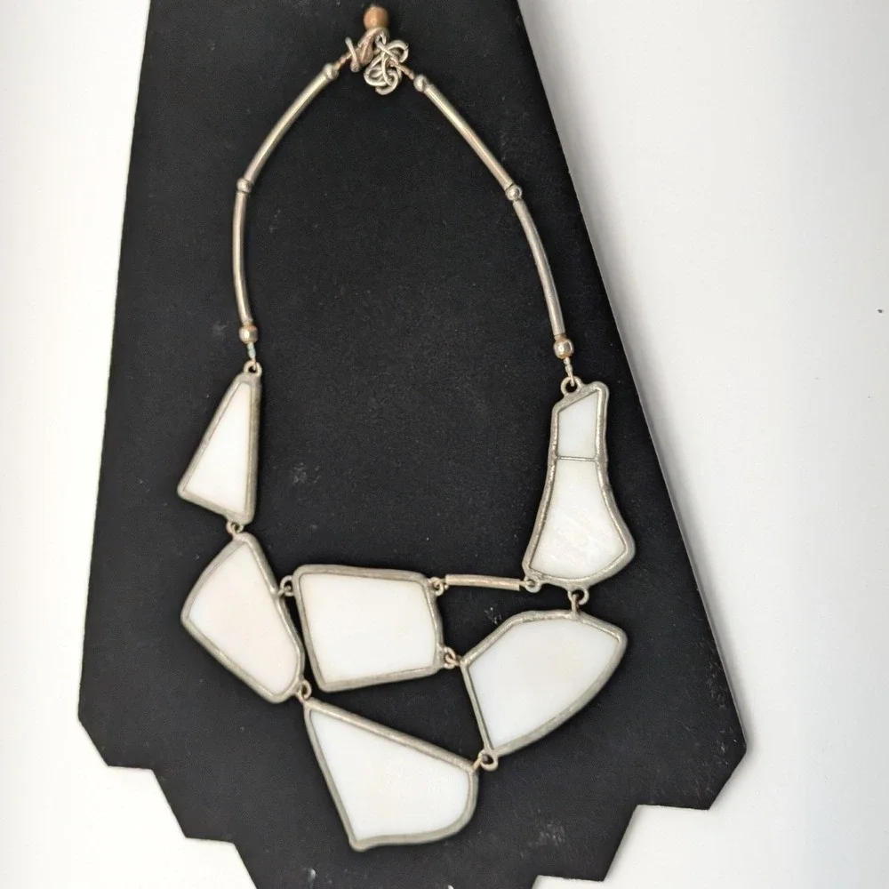 Geometric White Glass Statement Necklace Silver Tone Bib by Lapis Zagreb Croatia - Picture 3 of 9